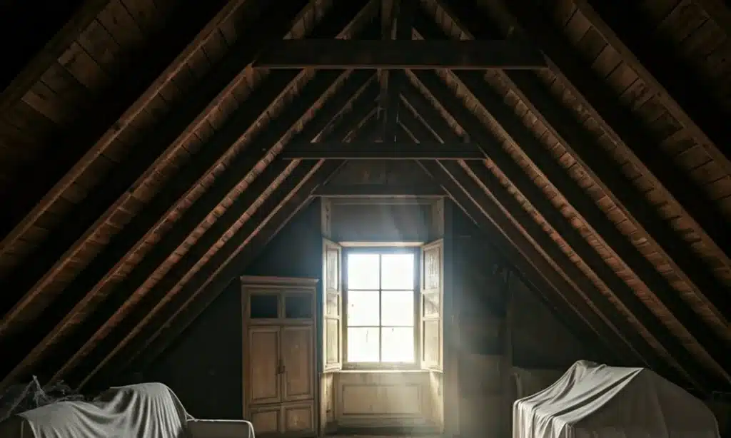 Dimly lit attic with cobwebs
