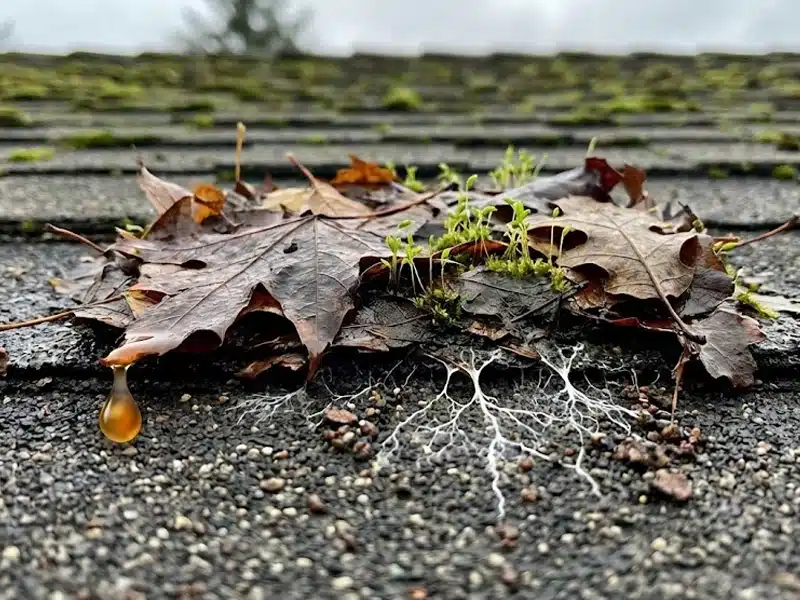 Leaves, sprouts, and roots on roof
