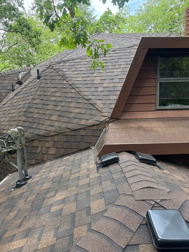 Asphalt shingle roof surface on an Oregon home, showing typical residential roofing material.