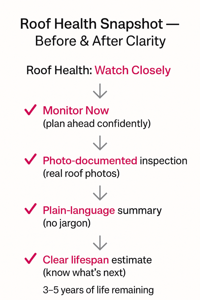 Roof Health Snapshot showing monitor‑now status, photo‑documented inspection steps, plain‑language summary, and clear lifespan estimate.